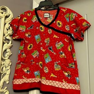 Scrub Top M Mary Engelbreit Dogs Cats Birds Like New!